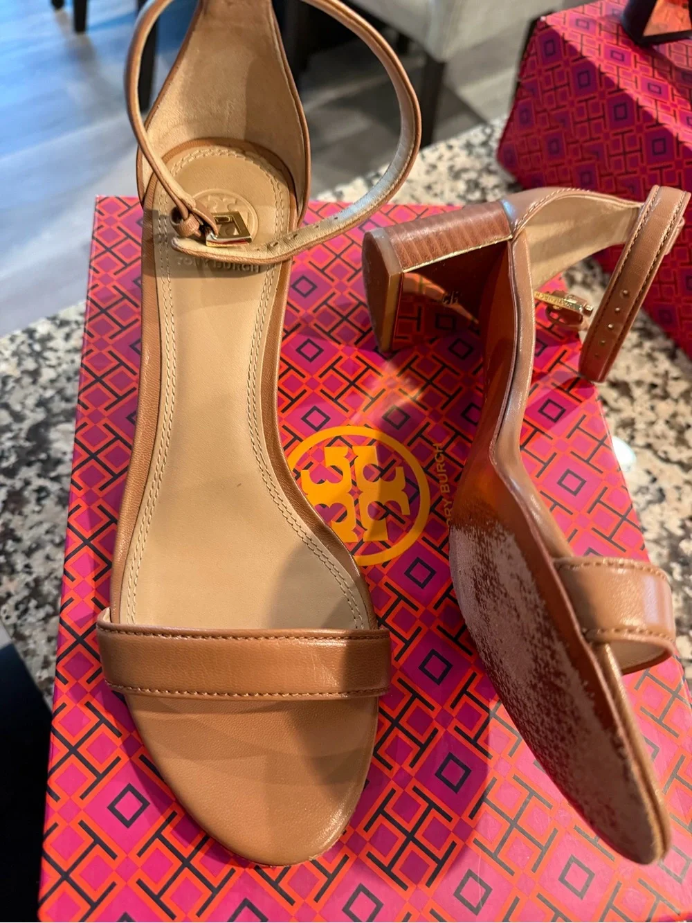 Tory Burch Tan Leather Ankle-Strap Block Heel Sandal with Gold Accent